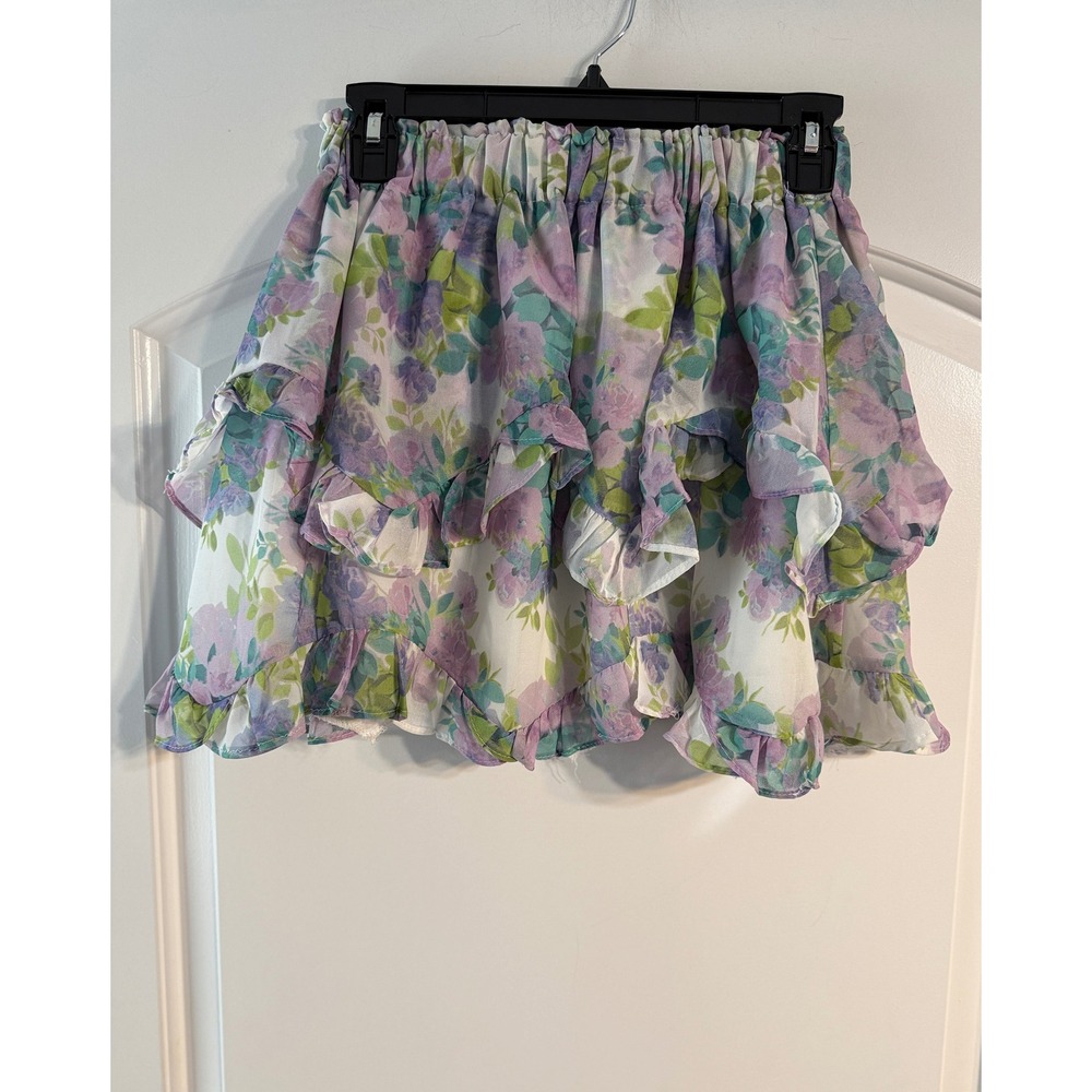 Goodnight Macaroon Mini Skirt Small Purple Tiered Floral Ruffle Coquette Boho